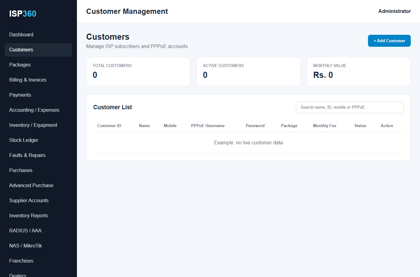 ISP360 Customer management interface layout screenshot with scripts disabled and no live customer data