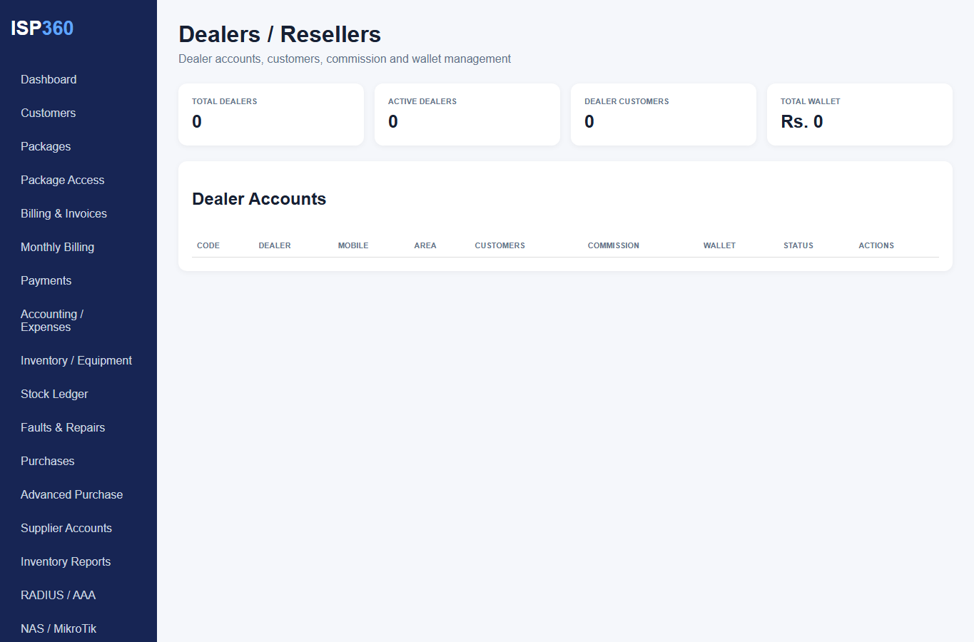 ISP360 Dealer hierarchy interface layout screenshot with scripts disabled and no live customer data