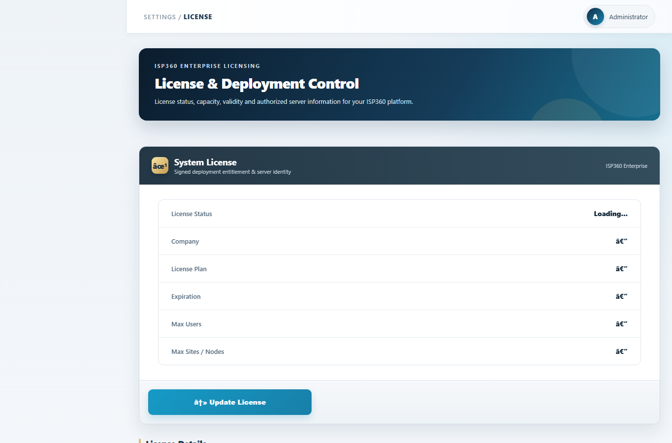ISP360 Post-install license screen interface layout screenshot with scripts disabled and no live customer data