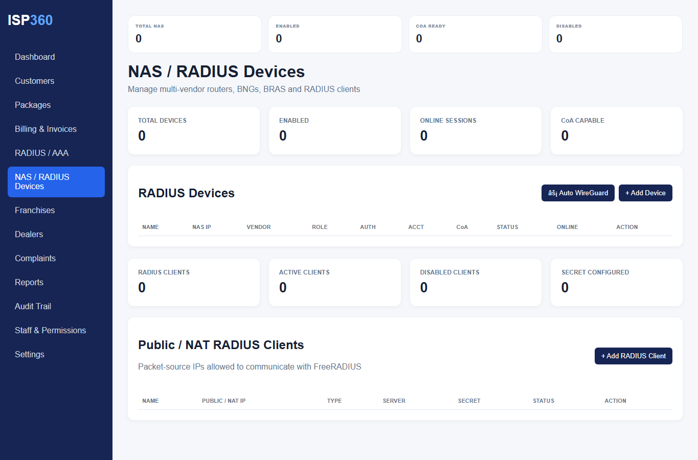 ISP360 NAS devices interface layout screenshot with scripts disabled and no live customer data