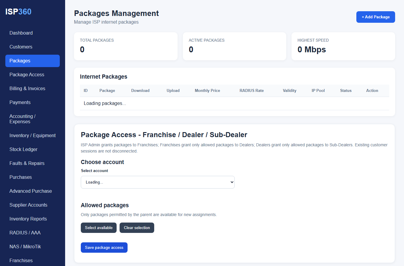ISP360 Package management interface layout screenshot with scripts disabled and no live customer data