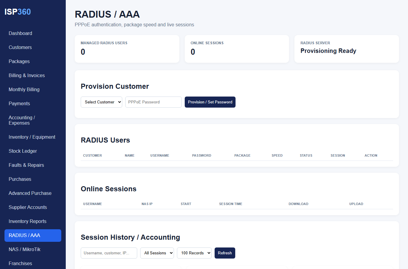 ISP360 RADIUS operations interface layout screenshot with scripts disabled and no live customer data