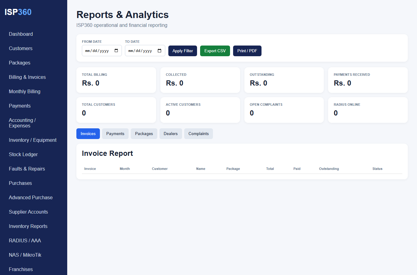 ISP360 Reports interface layout screenshot with scripts disabled and no live customer data
