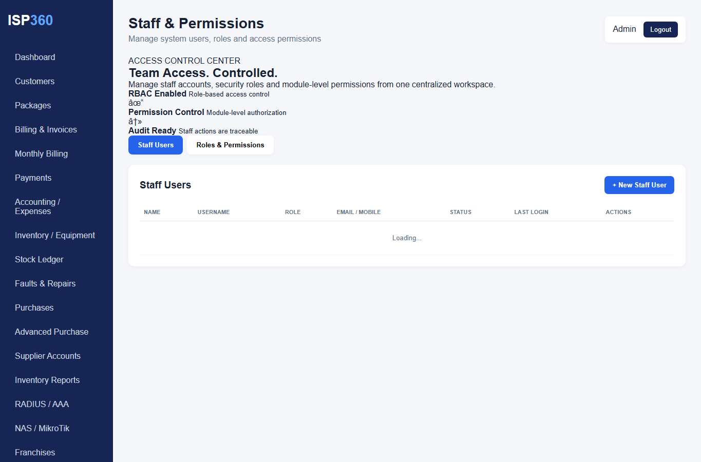 ISP360 Staff and permissions interface layout screenshot with scripts disabled and no live customer data