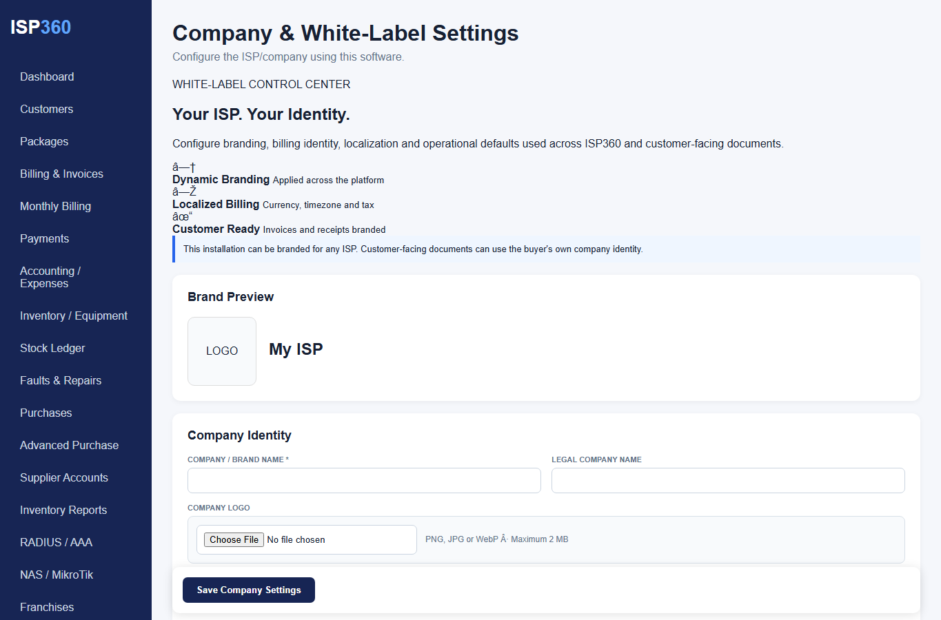 ISP360 General settings interface layout screenshot with scripts disabled and no live customer data